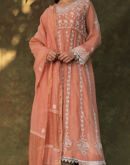 Dusty Rose Malmal Pearl Work Chikankari Anarkali With Dupatta