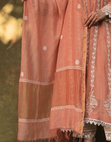Dusty Rose Malmal Pearl Work Chikankari Anarkali With Dupatta