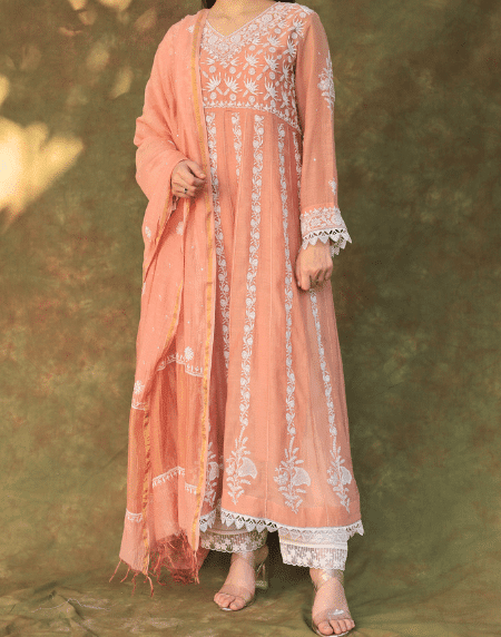 Dusty Rose Malmal Pearl Work Chikankari Anarkali With Dupatta