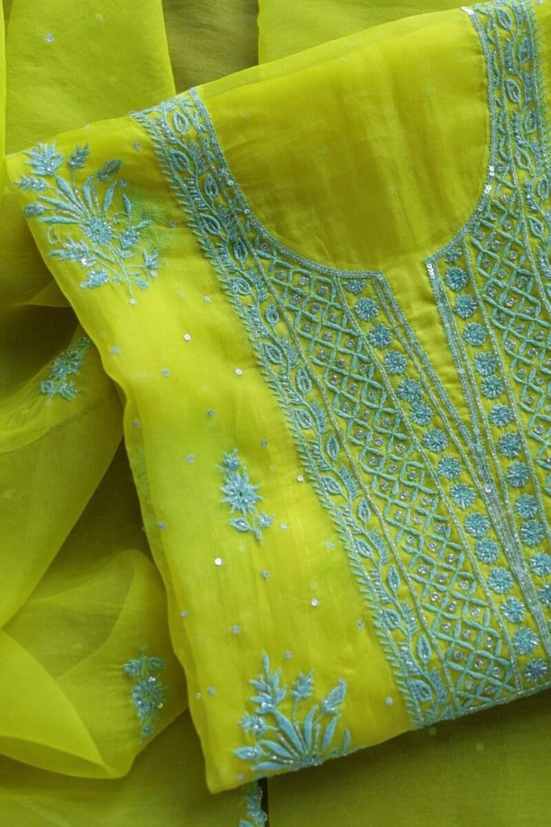 Neon Noor Organza Silk Chikankari Unstitched Kurta Dupatta Set