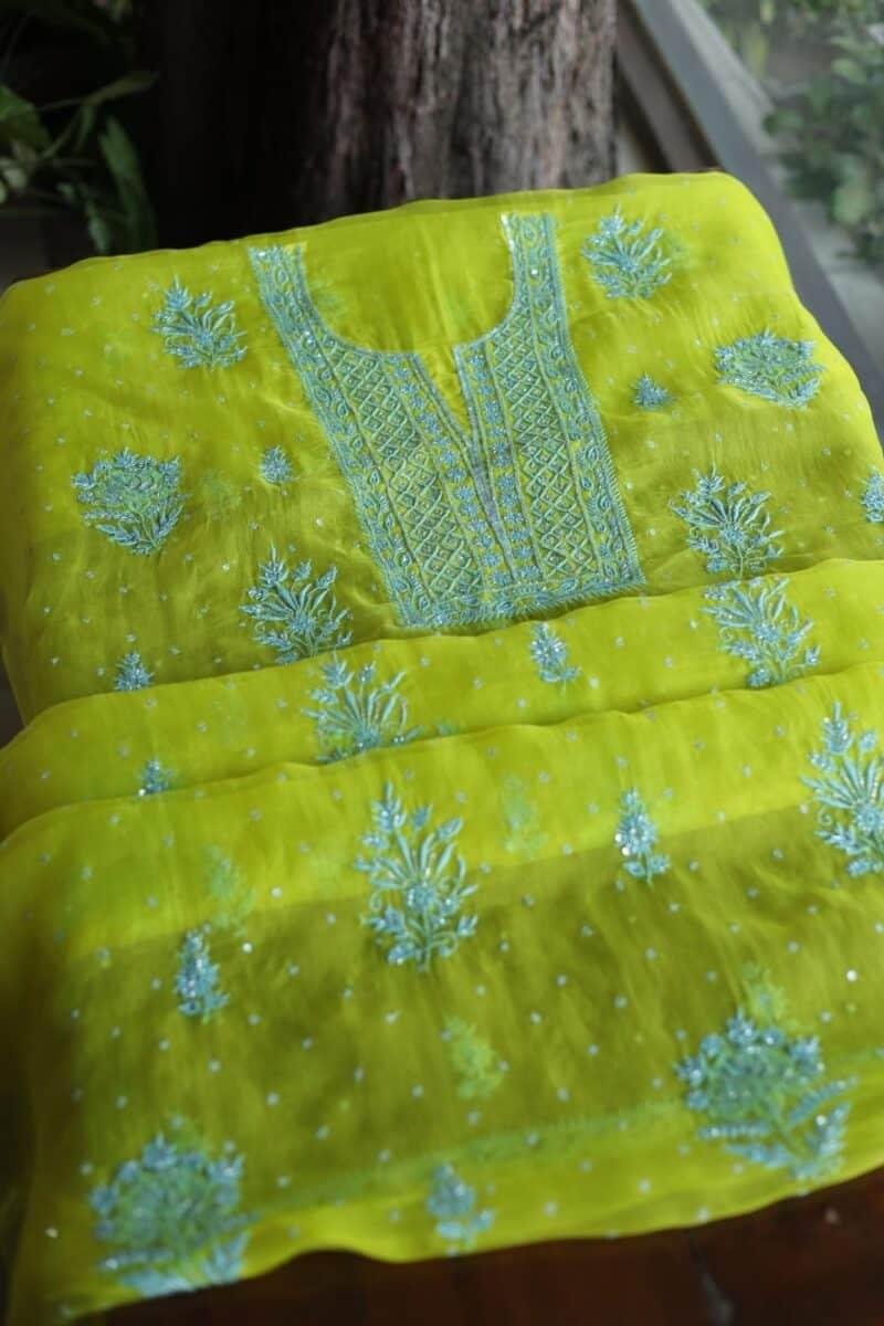 Neon Noor Organza Silk Chikankari Unstitched Kurta Dupatta Set