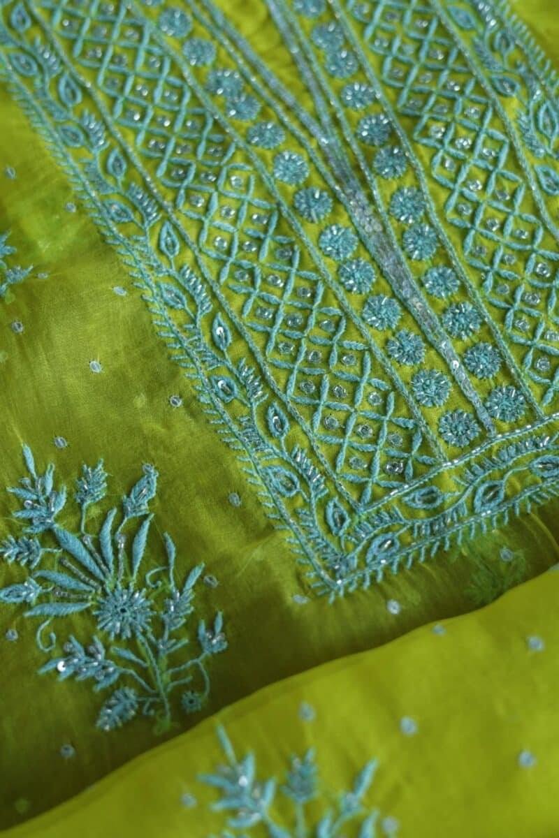 Neon Noor Organza Silk Chikankari Unstitched Kurta Dupatta Set