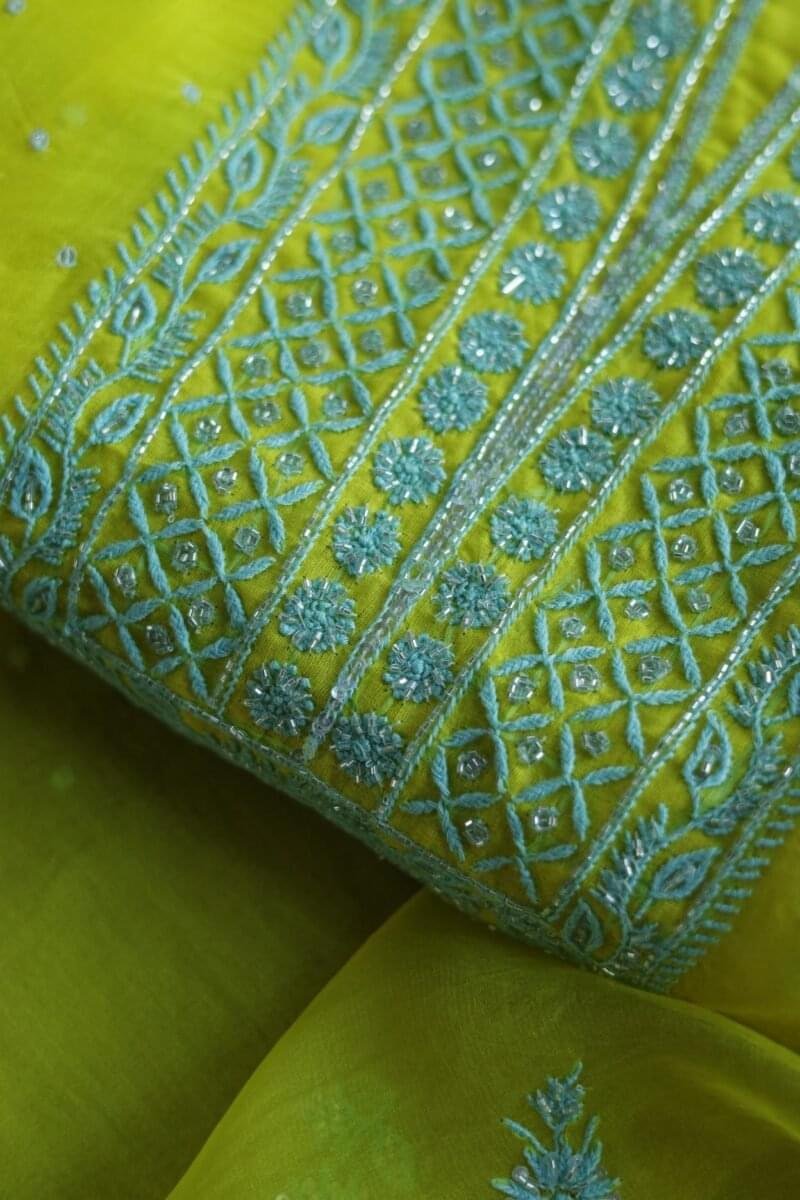 Neon Noor Organza Silk Chikankari Unstitched Kurta Dupatta Set