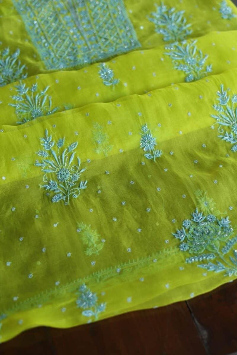Neon Noor Organza Silk Chikankari Unstitched Kurta Dupatta Set