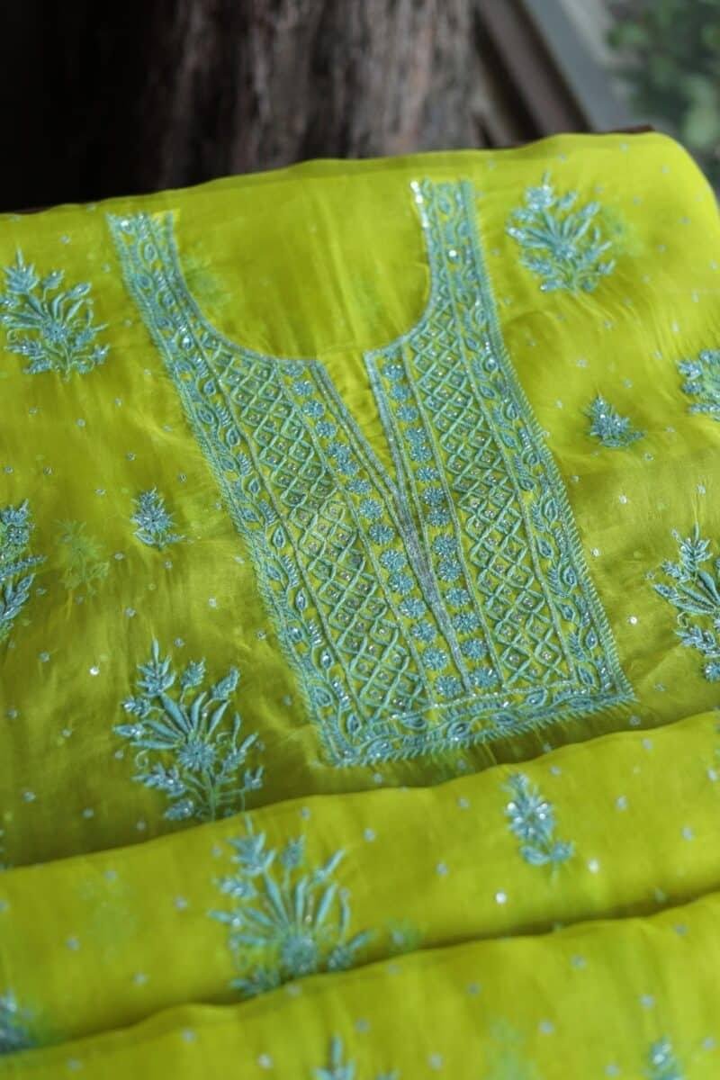 Neon Noor Organza Silk Chikankari Unstitched Kurta Dupatta Set