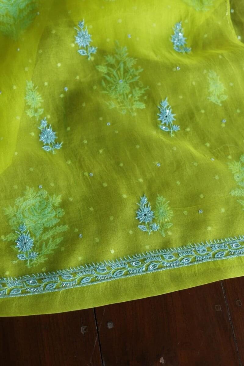 Neon Noor Organza Silk Chikankari Unstitched Kurta Dupatta Set