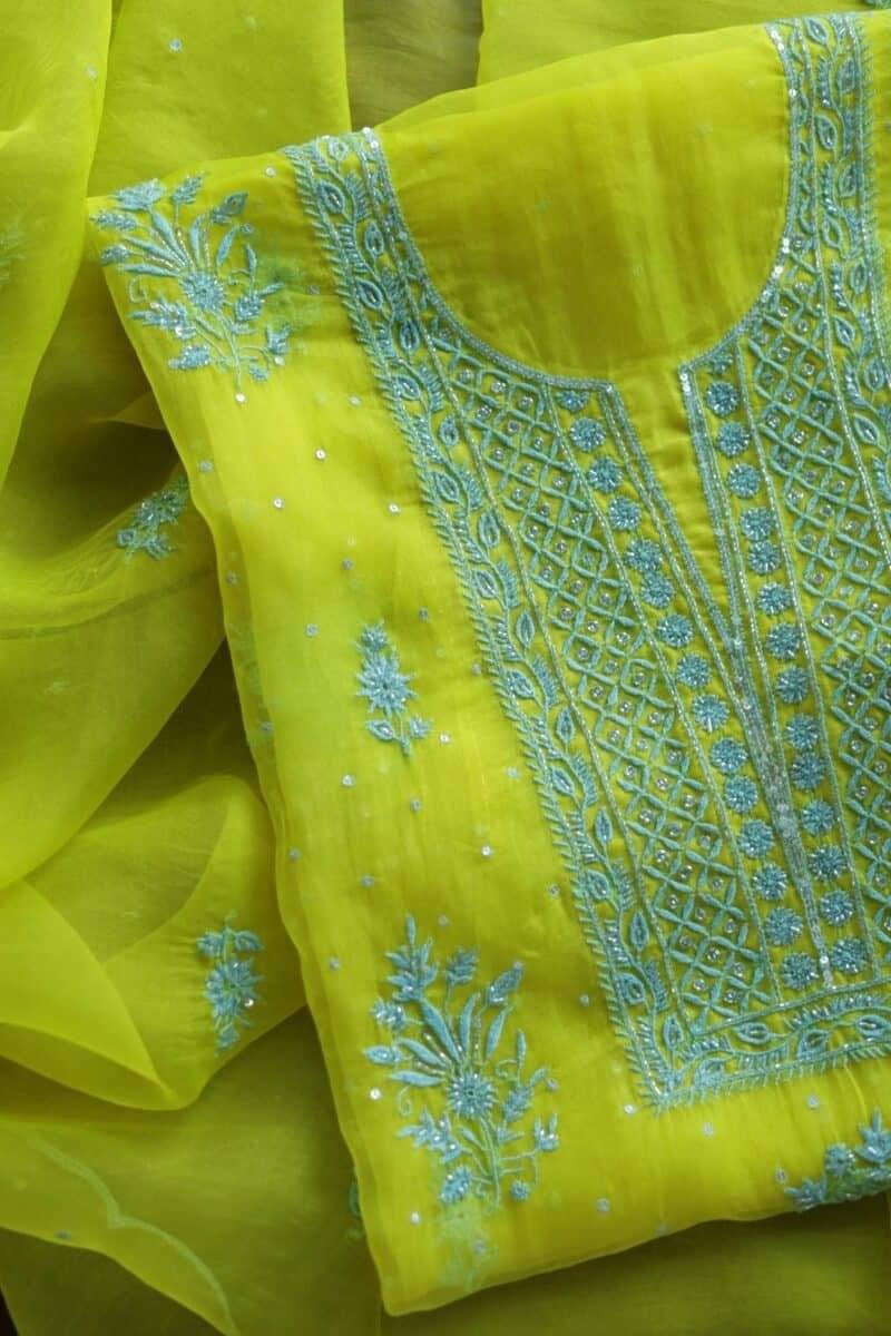 Neon Noor Organza Silk Chikankari Unstitched Kurta Dupatta Set