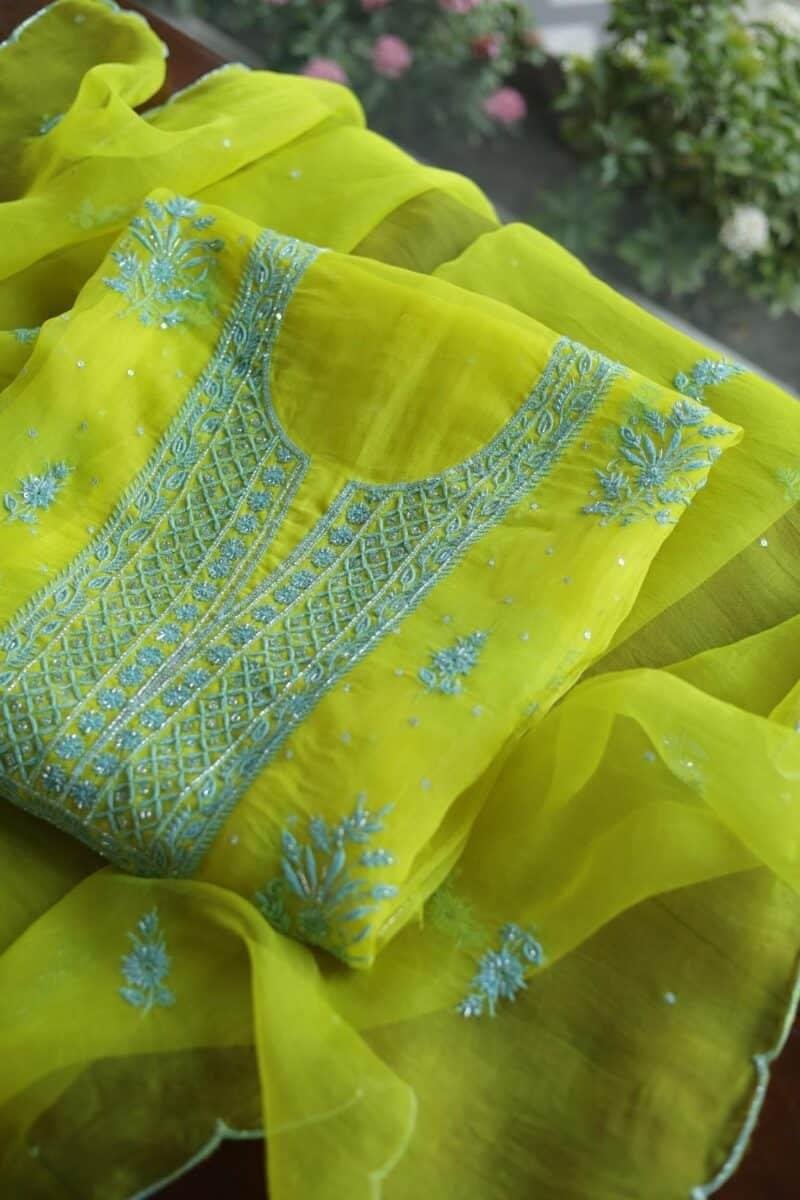 Neon Noor Organza Silk Chikankari Unstitched Kurta Dupatta Set