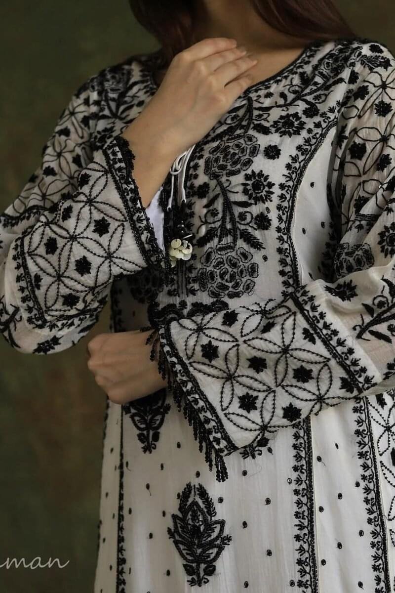Monochrome Black & White | Malmal Pearl Work Chikankari Anarkali With Dupatta