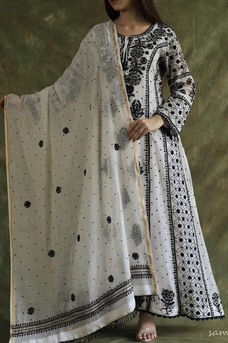 Monochrome Black & White | Malmal Pearl Work Chikankari Anarkali With Dupatta