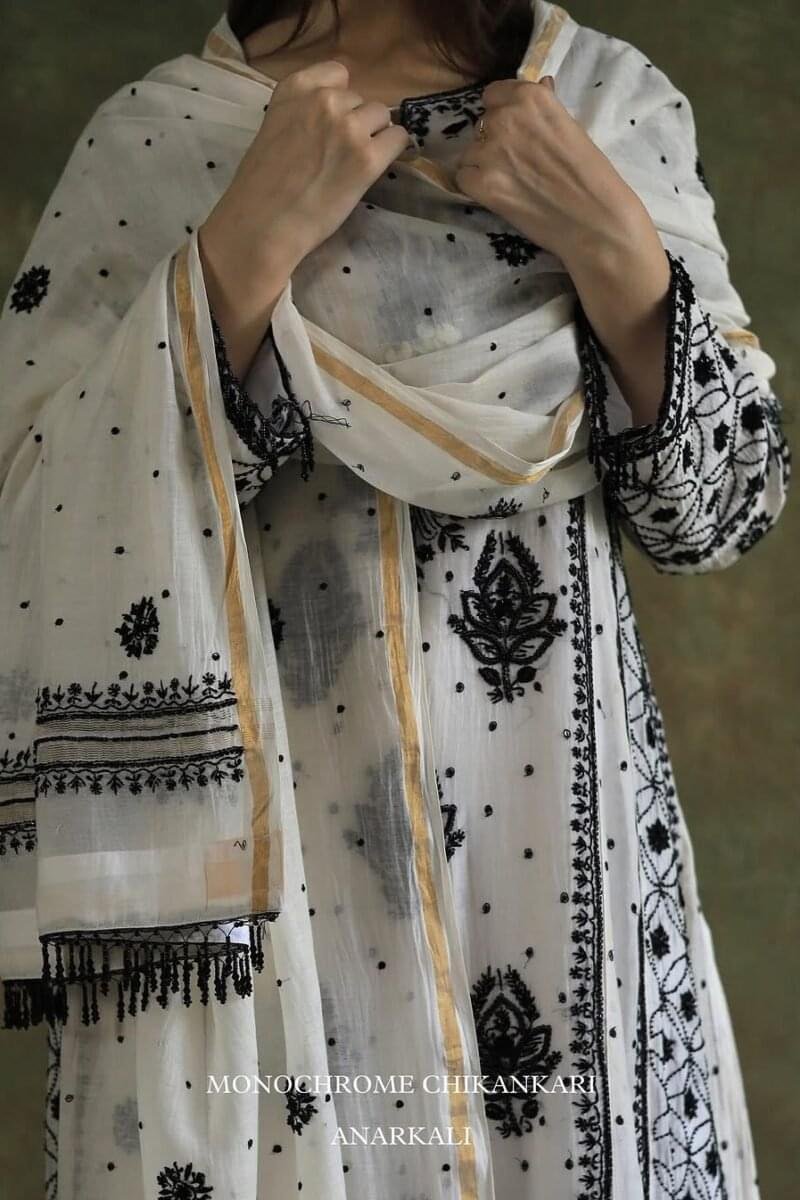 Monochrome Black & White | Malmal Pearl Work Chikankari Anarkali With Dupatta