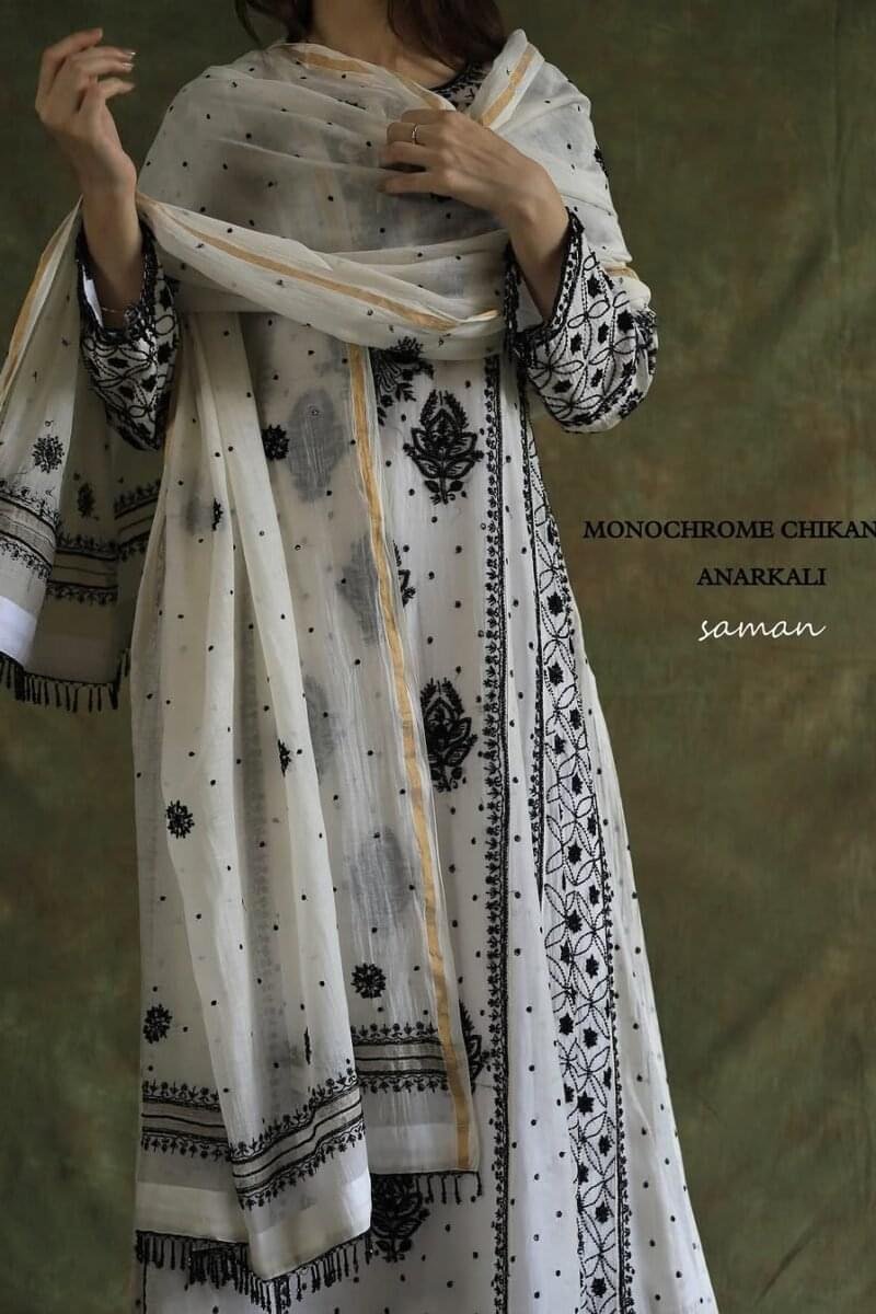 Monochrome Black & White | Malmal Pearl Work Chikankari Anarkali With Dupatta