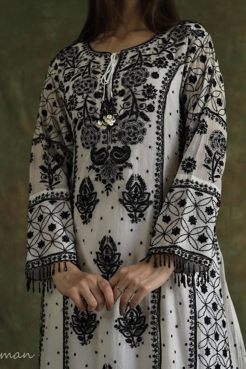 Monochrome Black & White | Malmal Pearl Work Chikankari Anarkali With Dupatta