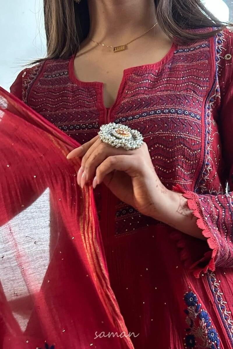 Saman Watermelon Red | Malmal Mukaish Kamdani Chikankari Stitched Kurta Dupatta Set