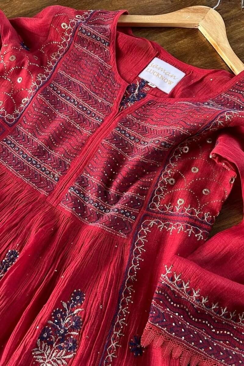 Saman Watermelon Red | Malmal Mukaish Kamdani Chikankari Stitched Kurta Dupatta Set