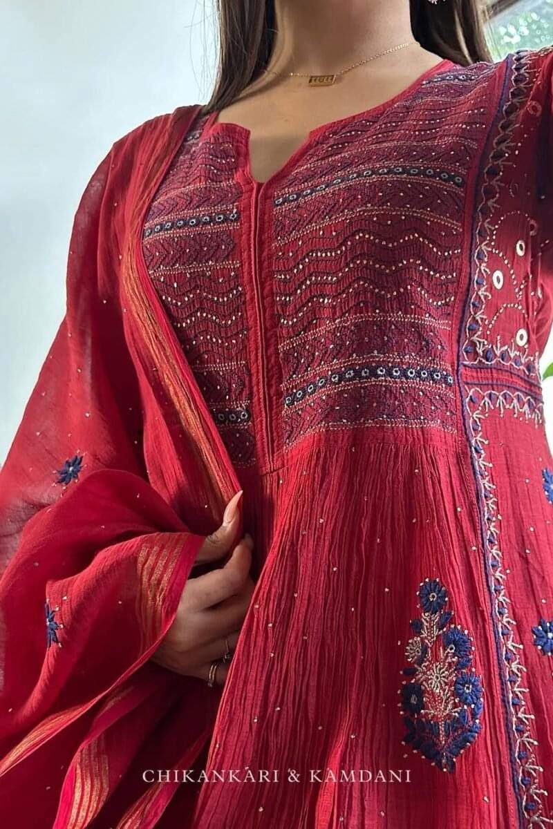 Saman Watermelon Red | Malmal Mukaish Kamdani Chikankari Stitched Kurta Dupatta Set