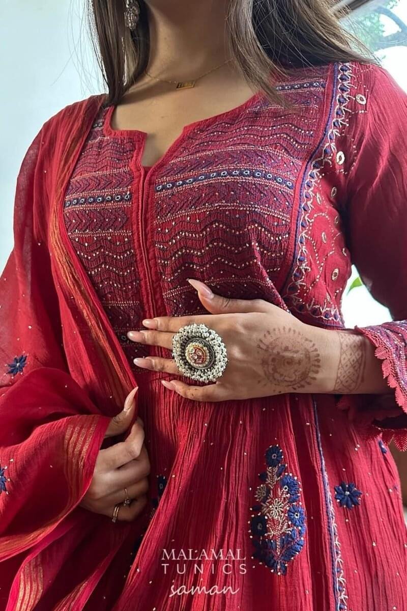 Saman Watermelon Red | Malmal Mukaish Kamdani Chikankari Stitched Kurta Dupatta Set