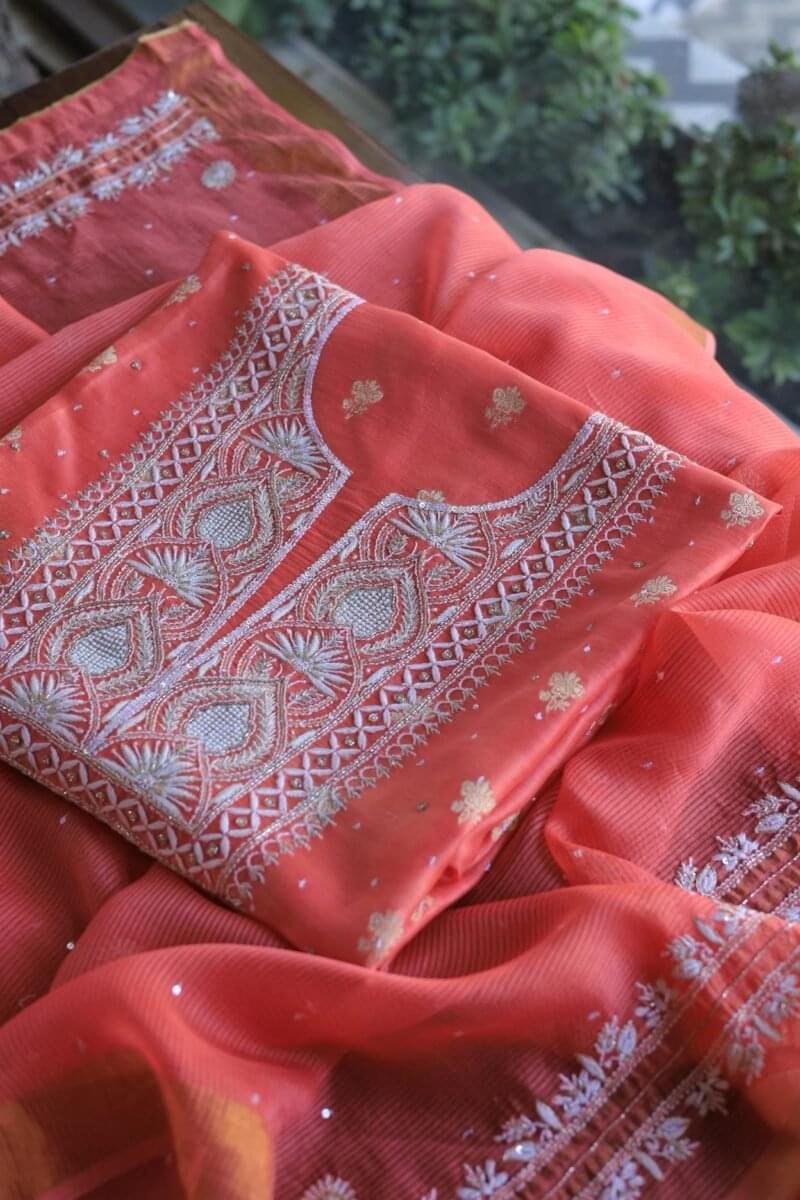 Banarasi Zari Chanderi Unstitched Chikankari Fabrics