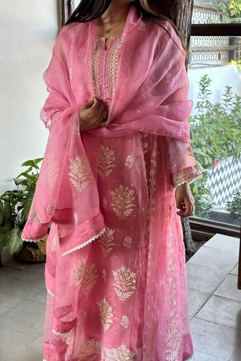 Candy Pink | Noor Organza Chikankari Anarkali