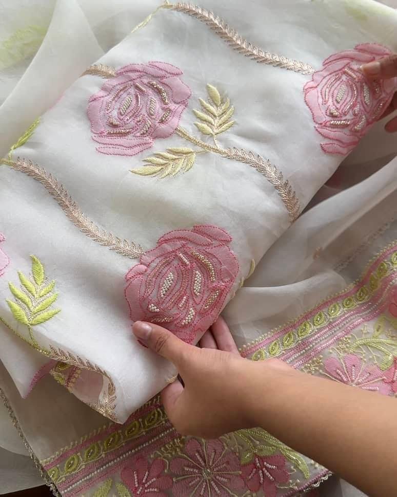 Noor Banarasi Organza Chikankari Unstitched Fabrics