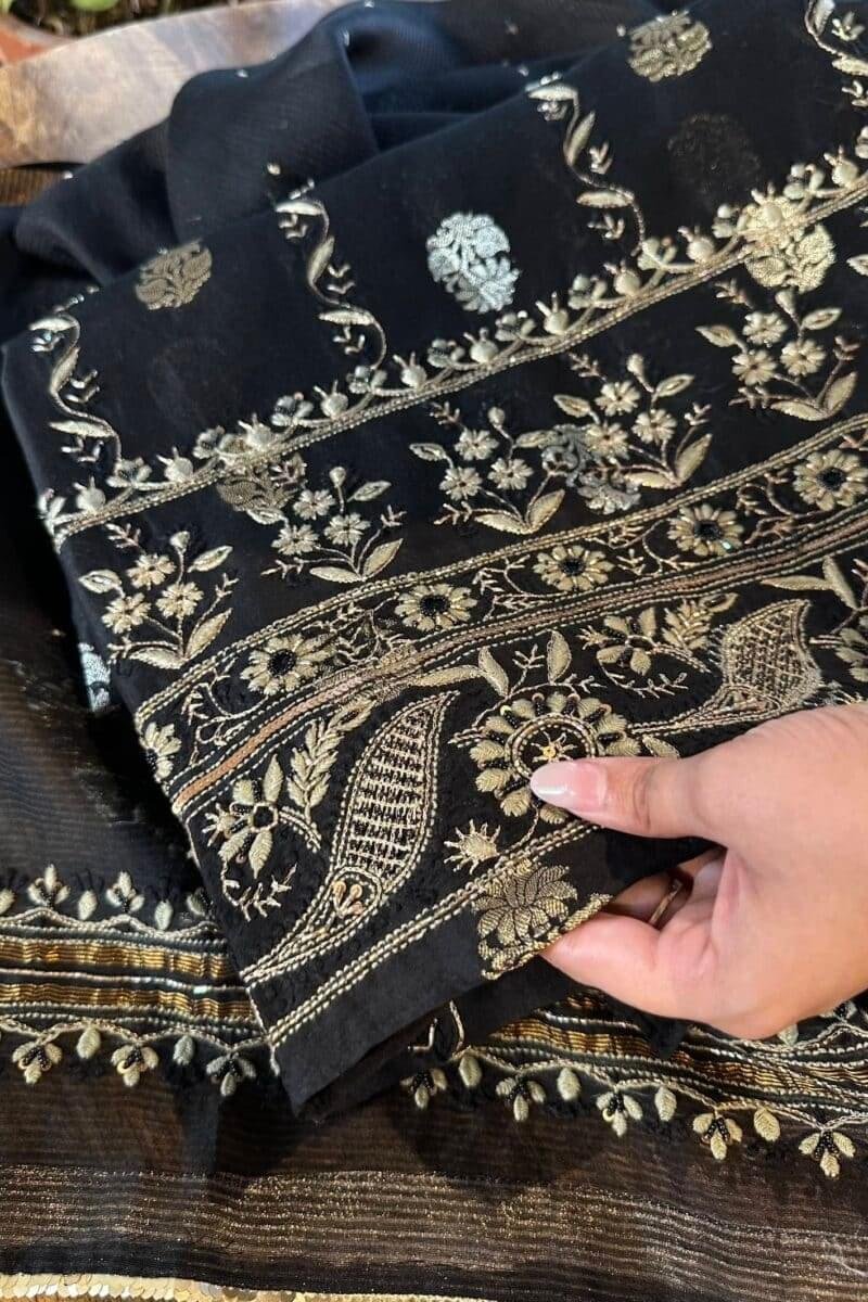 Jet Black | Zari Chanderi Chikankari Fabrics