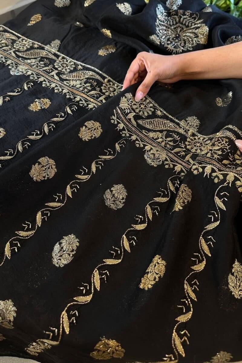 Jet Black | Zari Chanderi Chikankari Fabrics