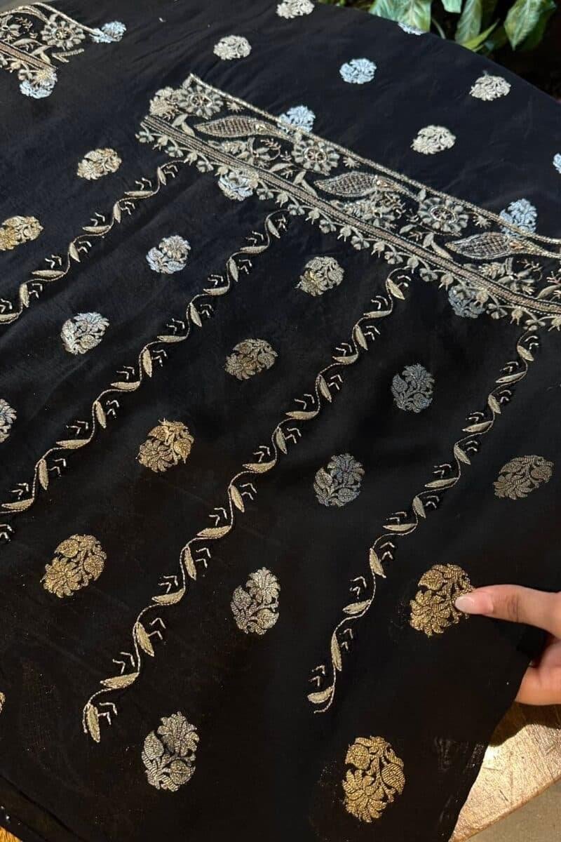 Jet Black | Zari Chanderi Chikankari Fabrics