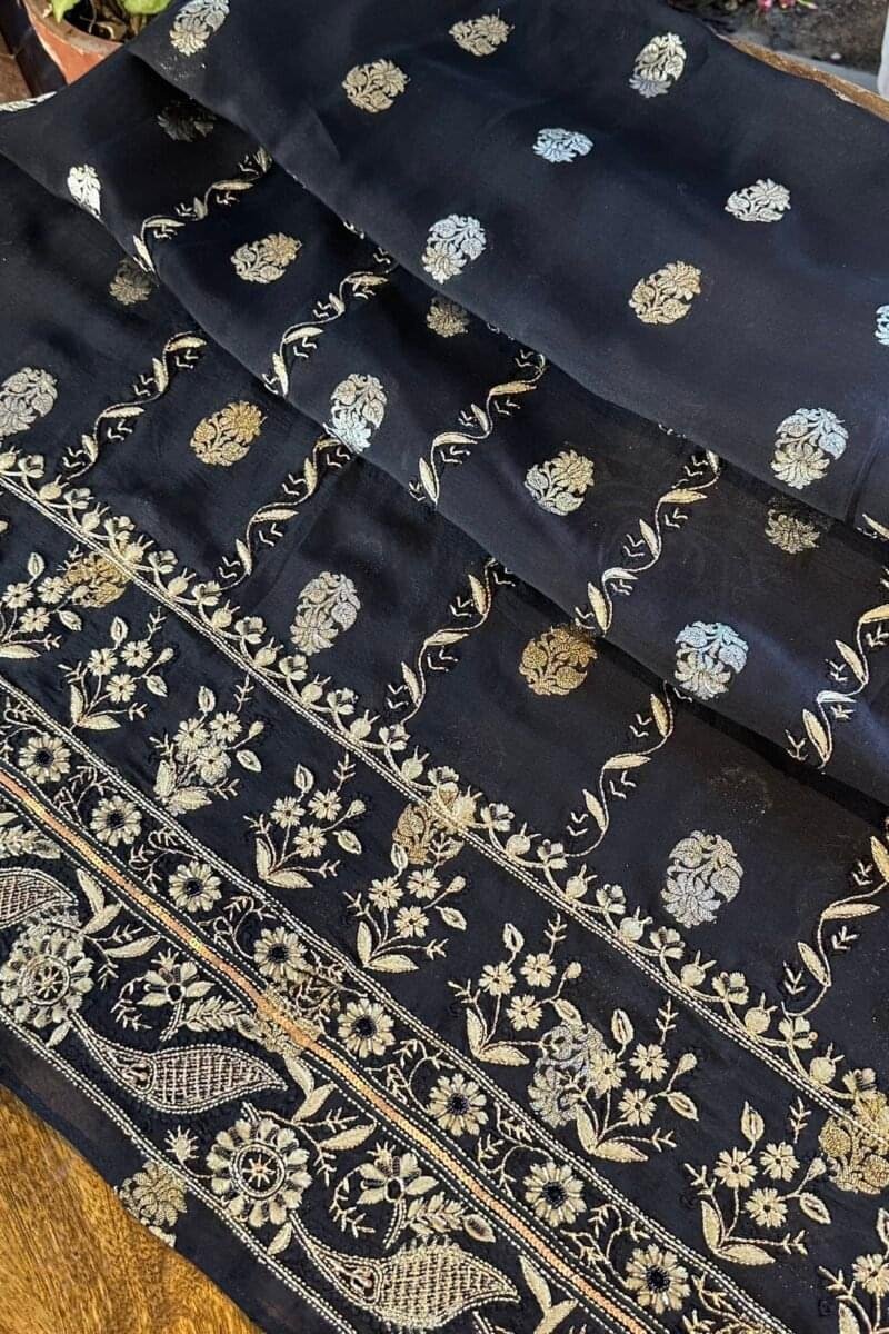 Jet Black | Zari Chanderi Chikankari Fabrics