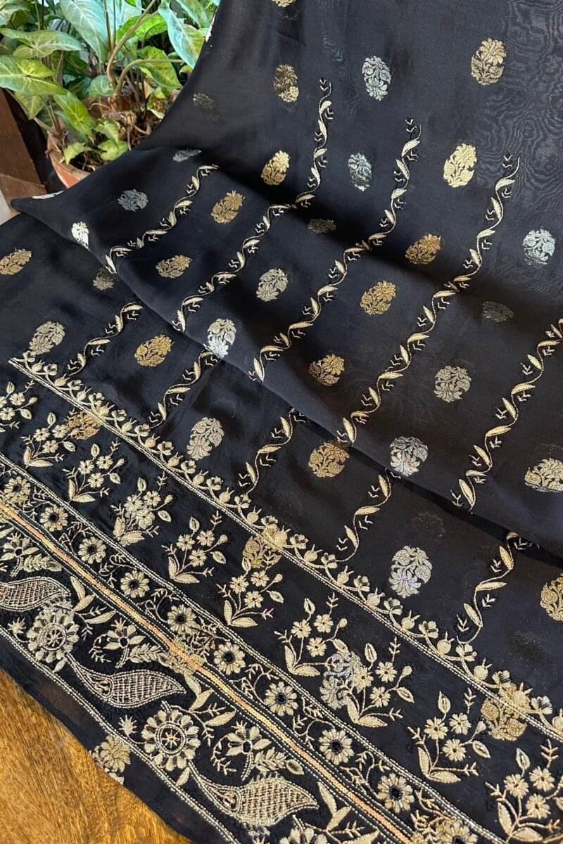 Jet Black | Zari Chanderi Chikankari Fabrics