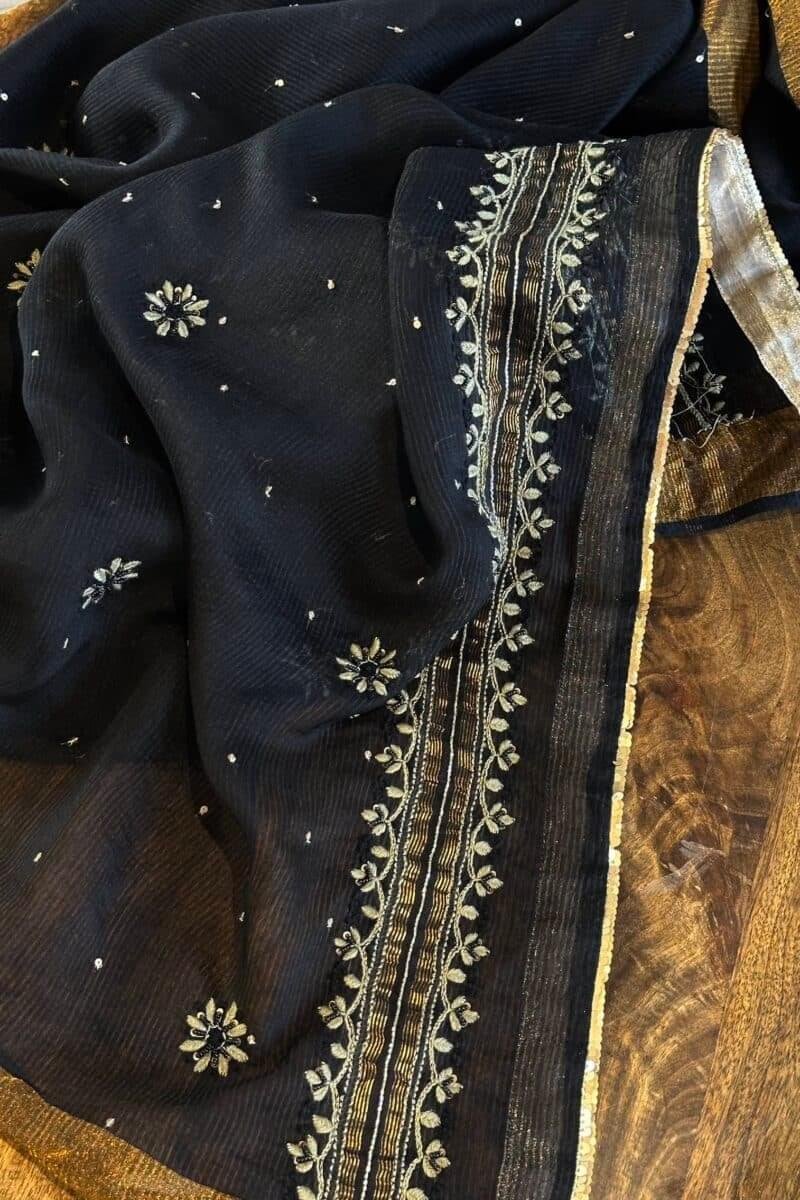 Jet Black | Zari Chanderi Chikankari Fabrics