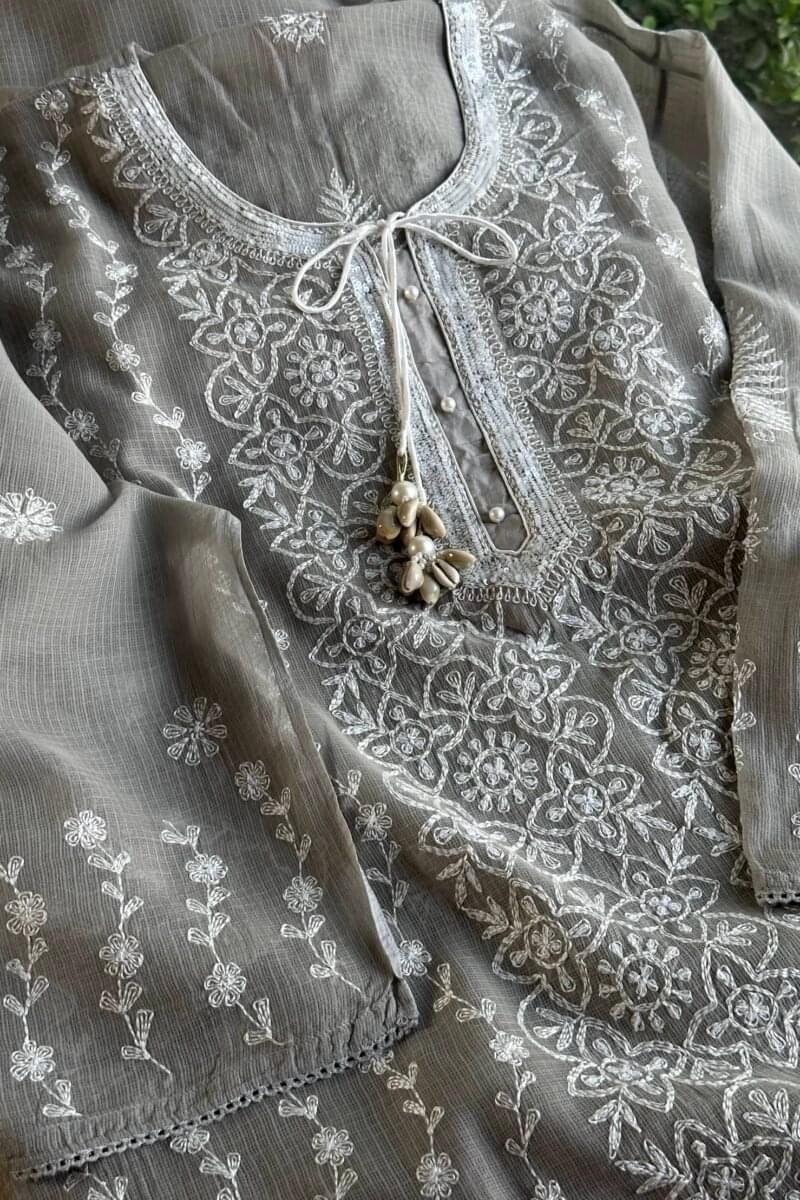 Semi Stitched Tepchi Kota Chikankari Kurta Dupatta Set