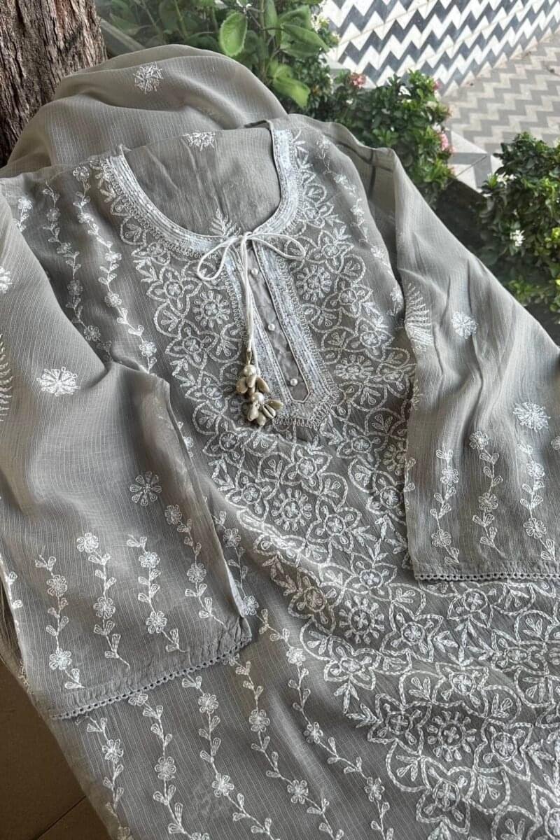 Semi Stitched Tepchi Kota Chikankari Kurta Dupatta Set