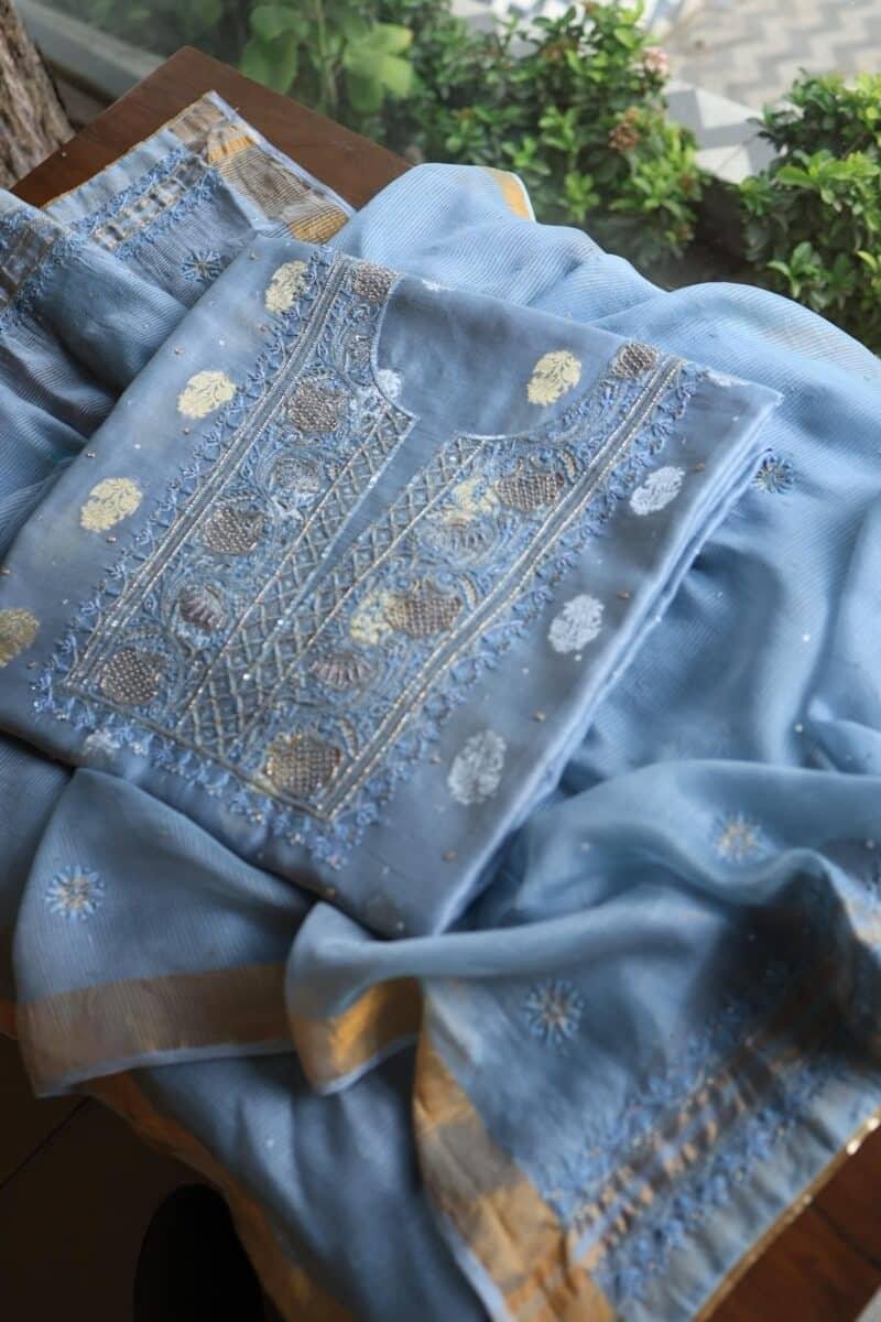 Silk Blue Banarasi Zari Chanderi Unstitched Chikankari Fabrics