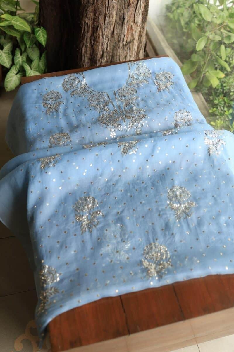 Blue Noor Organza Silk Mukaish Badla Unstitched Kurta Dupatta Set