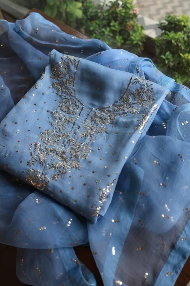 Blue Noor Organza Silk Mukaish Badla Unstitched Kurta Dupatta Set