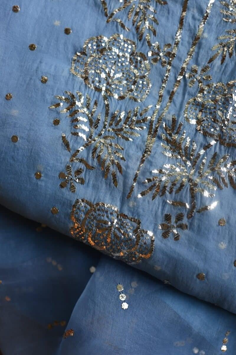Blue Noor Organza Silk Mukaish Badla Unstitched Kurta Dupatta Set