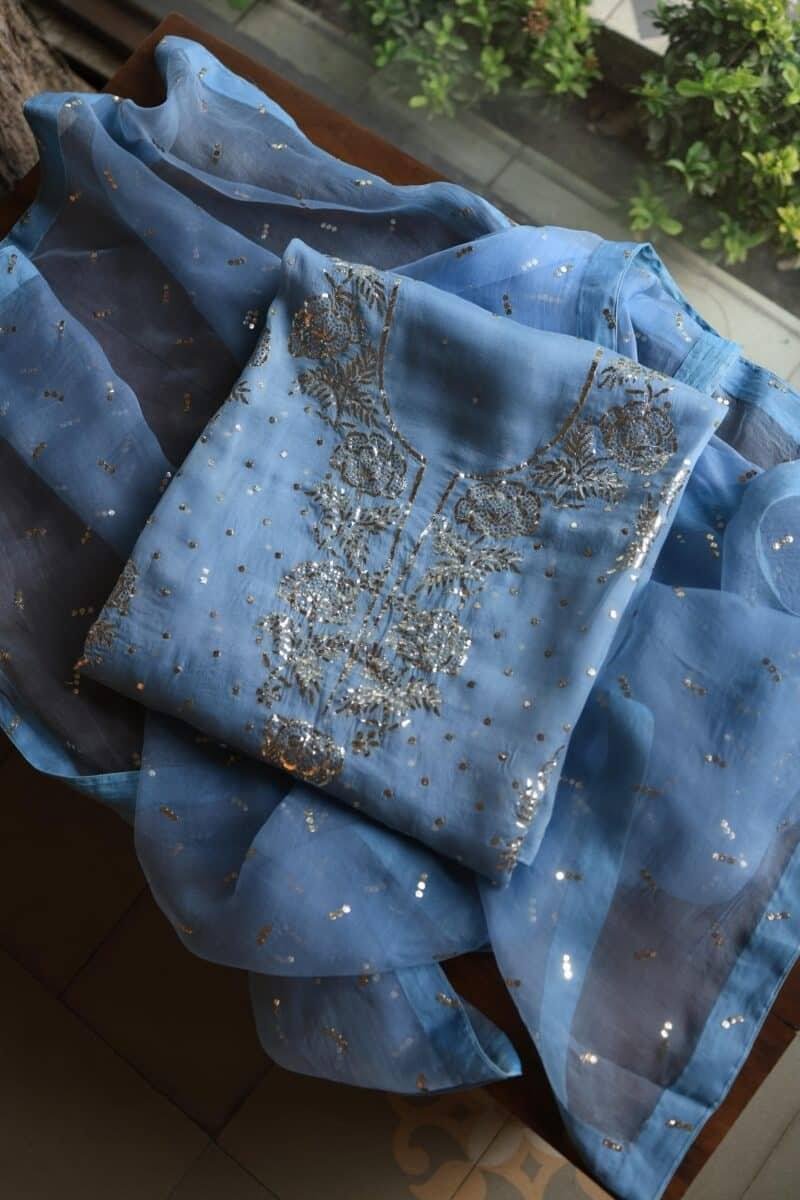 Blue Noor Organza Silk Mukaish Badla Unstitched Kurta Dupatta Set