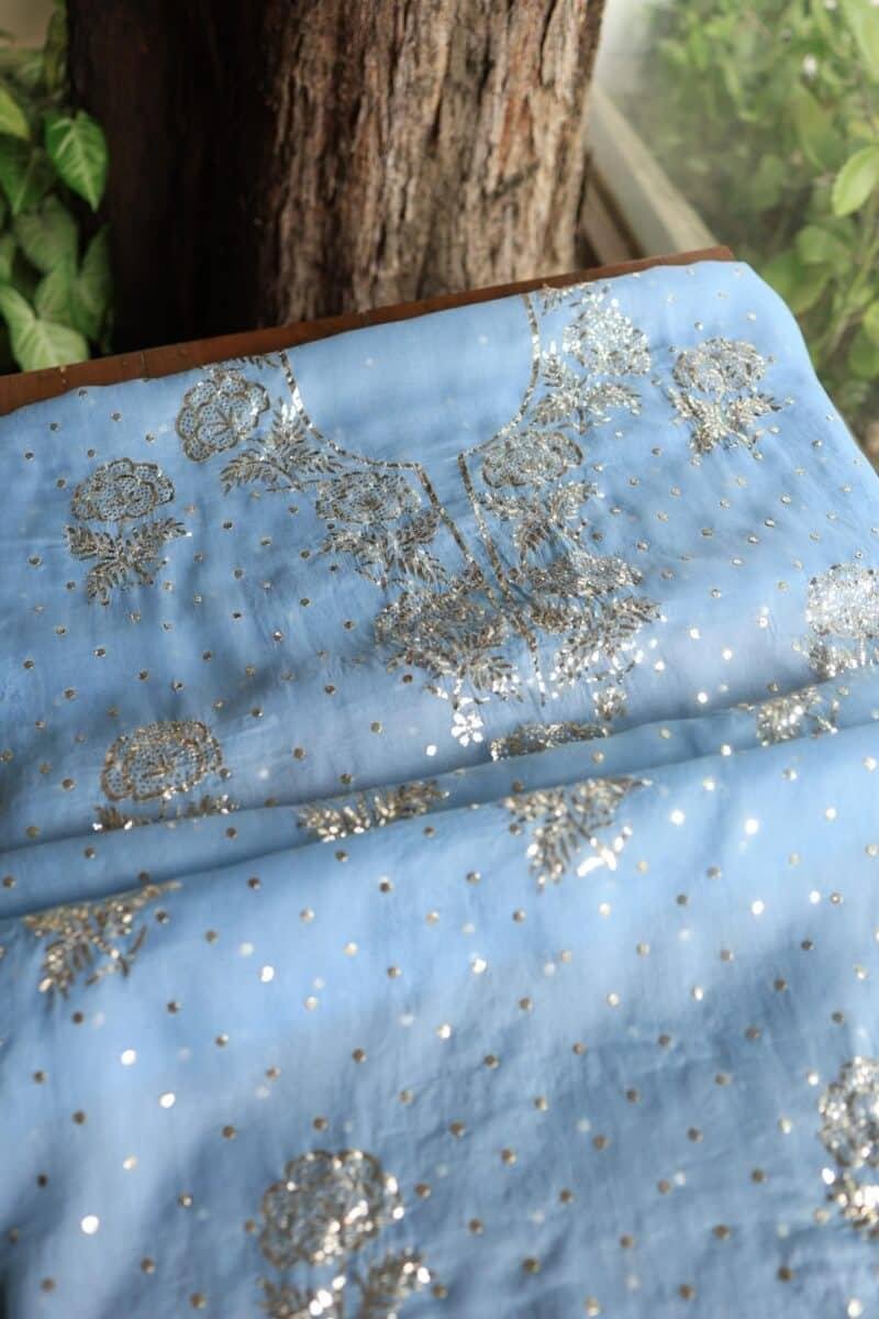 Blue Noor Organza Silk Mukaish Badla Unstitched Kurta Dupatta Set
