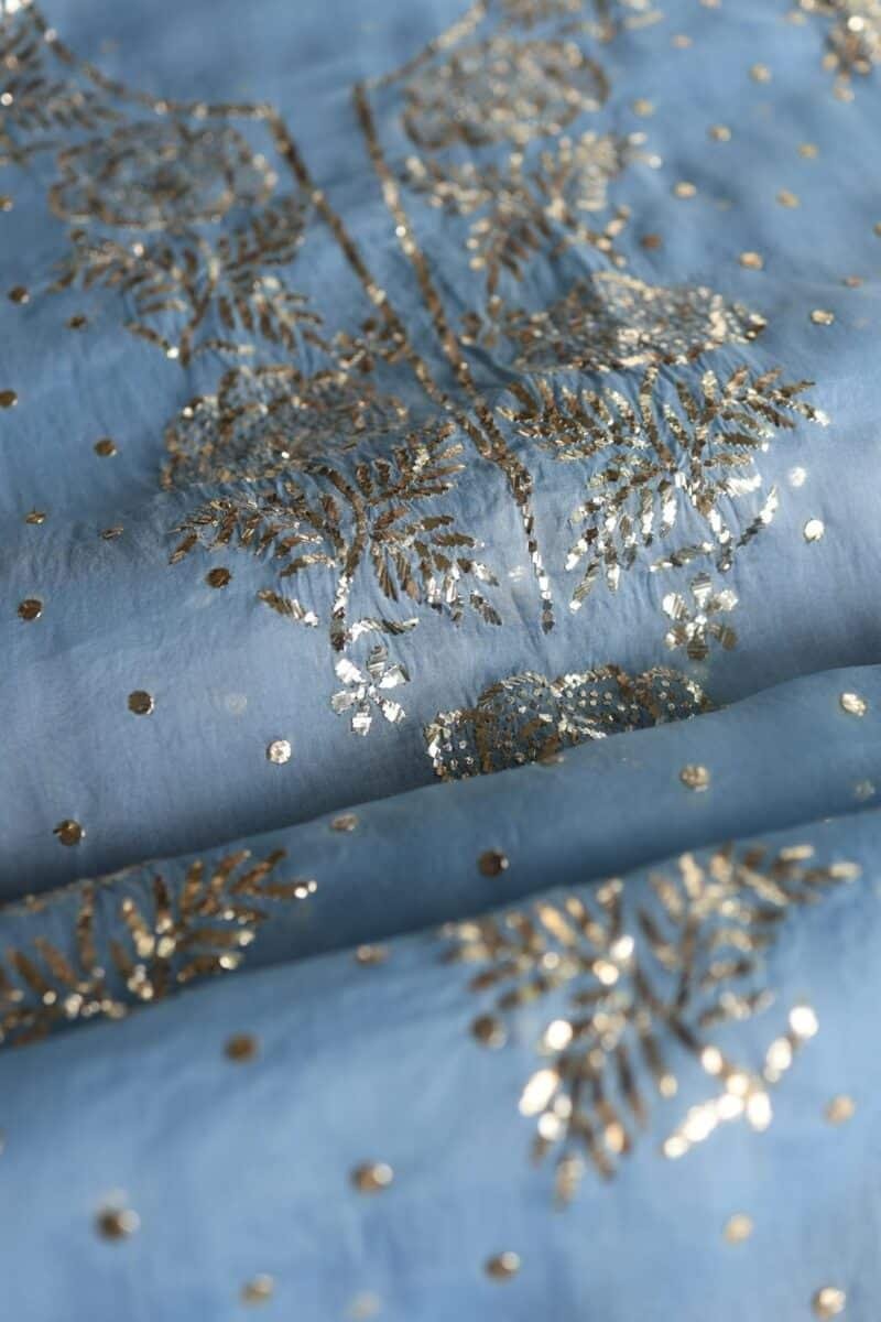 Blue Noor Organza Silk Mukaish Badla Unstitched Kurta Dupatta Set