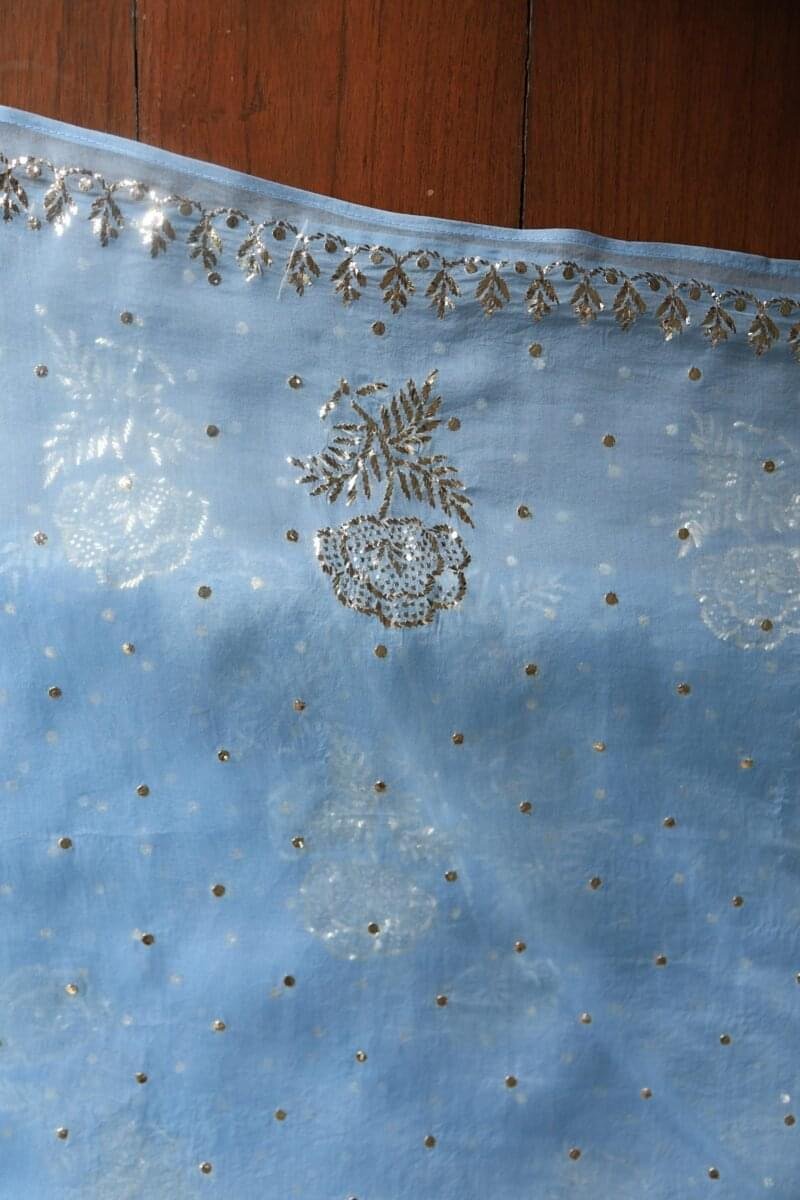 Blue Noor Organza Silk Mukaish Badla Unstitched Kurta Dupatta Set
