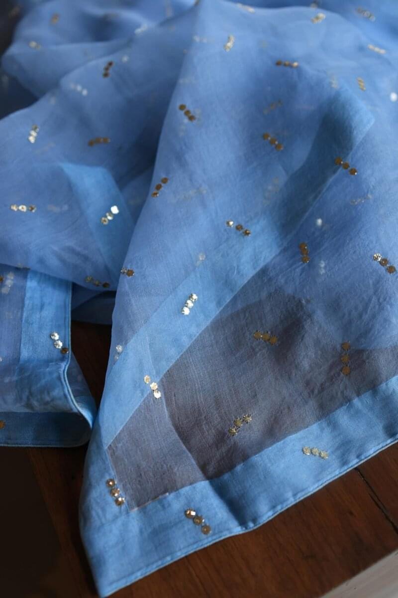 Blue Noor Organza Silk Mukaish Badla Unstitched Kurta Dupatta Set