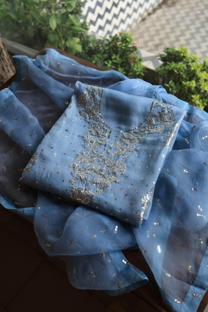 Blue Noor Organza Silk Mukaish Badla Unstitched Kurta Dupatta Set