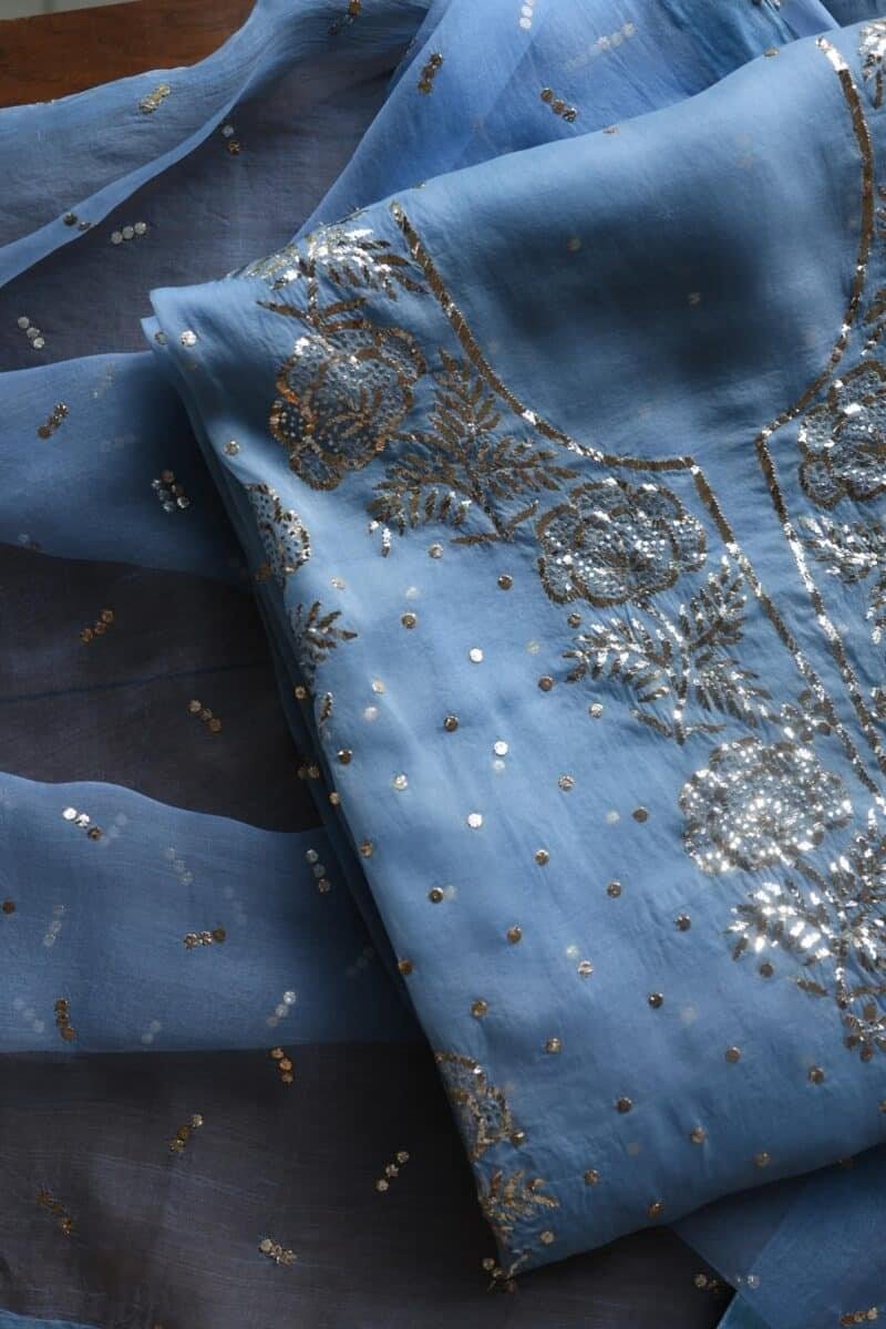 Blue Noor Organza Silk Mukaish Badla Unstitched Kurta Dupatta Set