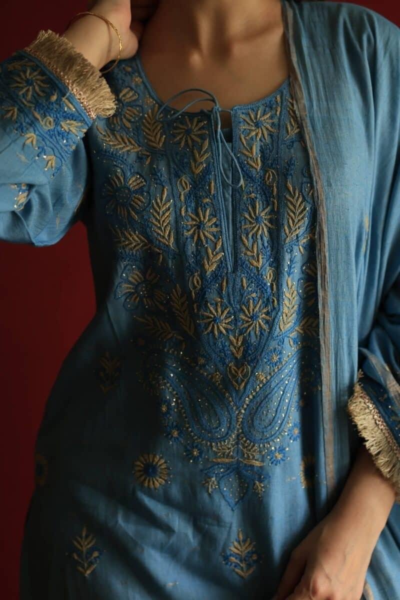 Marble Blue Jamdani Ready To Wear Kurta Dupatta Set