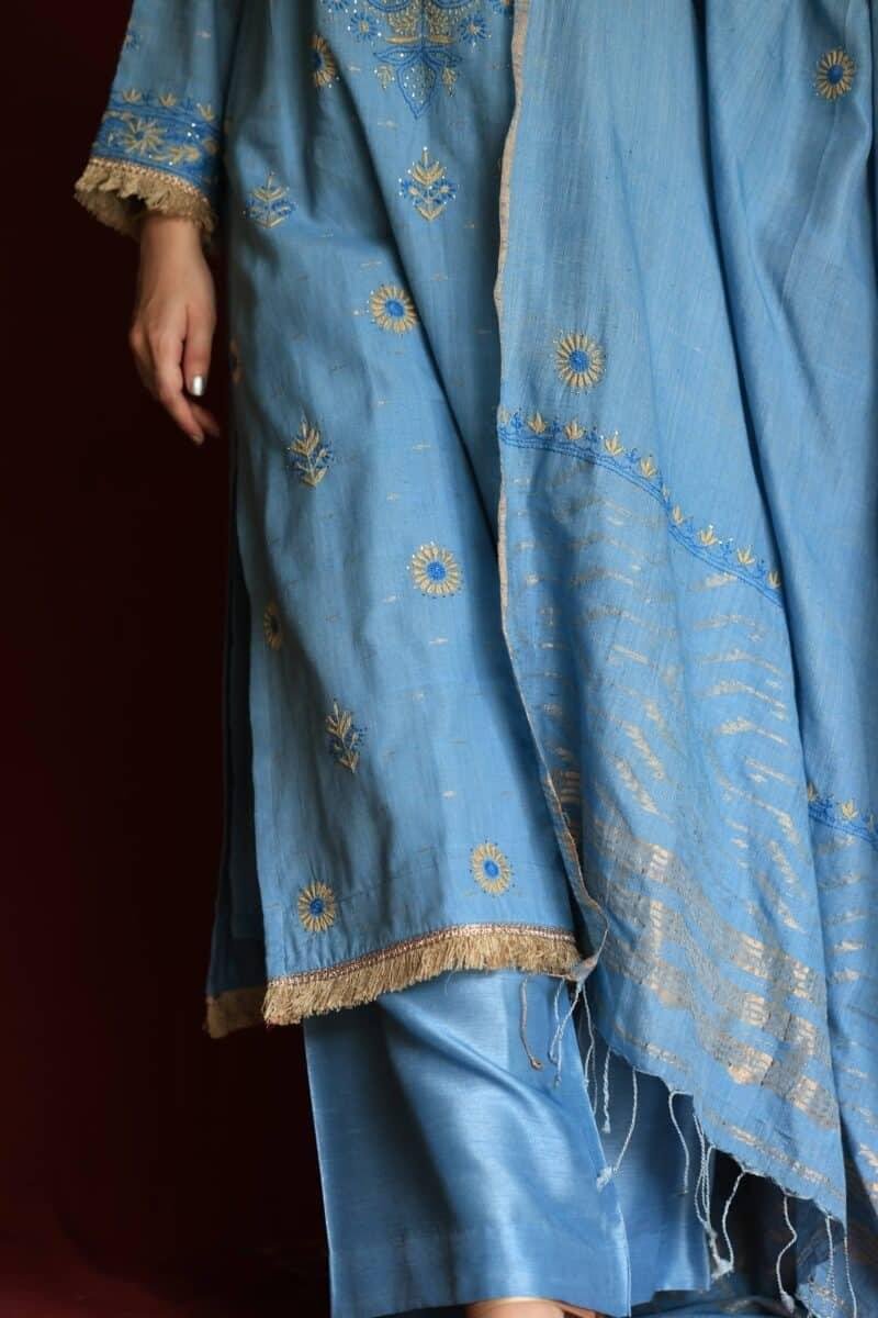 Marble Blue Jamdani Ready To Wear Kurta Dupatta Set