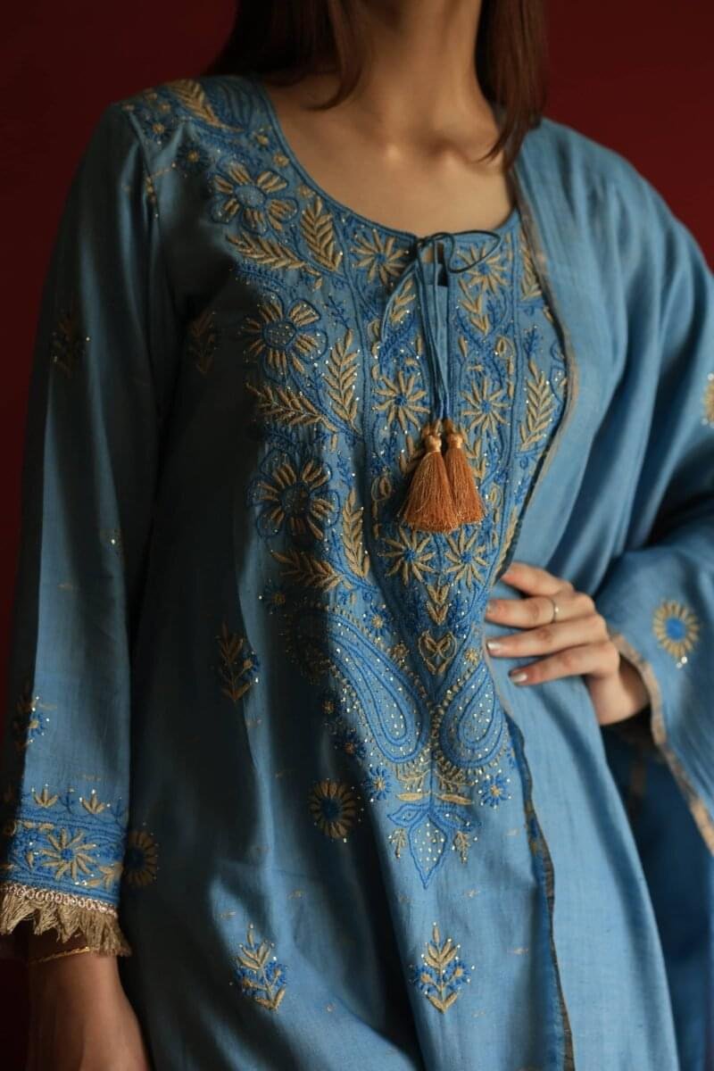 Marble Blue Jamdani Ready To Wear Kurta Dupatta Set