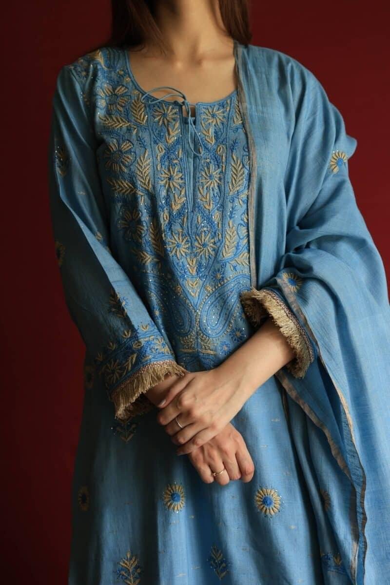 Marble Blue Jamdani Ready To Wear Kurta Dupatta Set