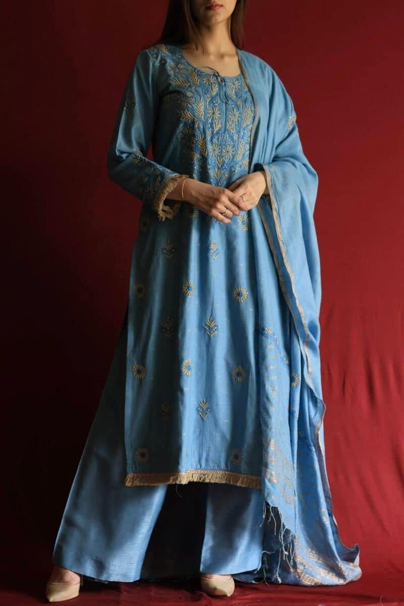 Marble Blue Jamdani Ready To Wear Kurta Dupatta Set