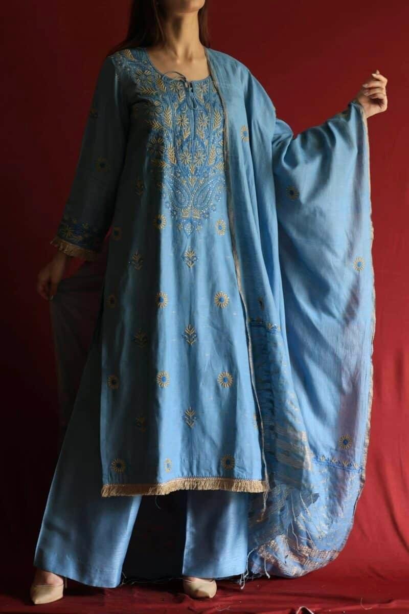 Marble Blue Jamdani Ready To Wear Kurta Dupatta Set
