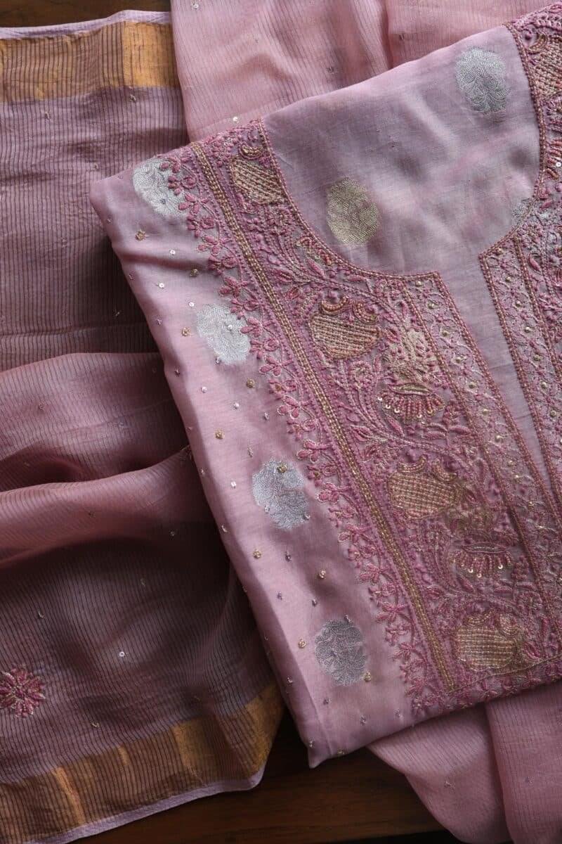 Pink Banarasi Zari Chanderi Unstitched Chikankari Fabrics